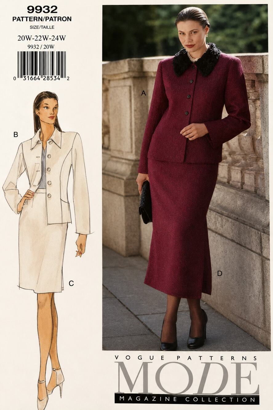 Vogue V9932 Sewing Pattern Business Wardrobe Jacket Skirt Plus Size 20W-24W